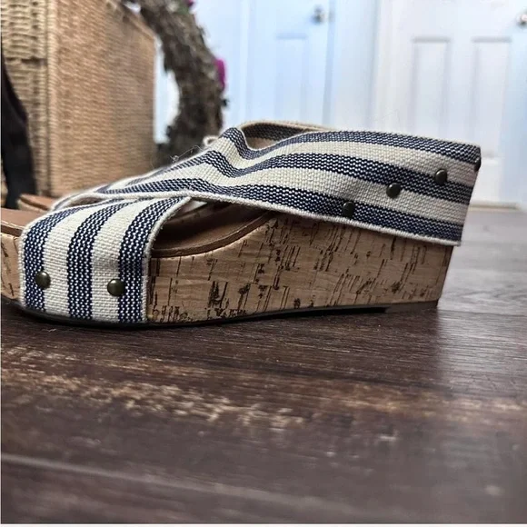 Navy Striped Wedge Sandals with Cork - Picture 3 of 8